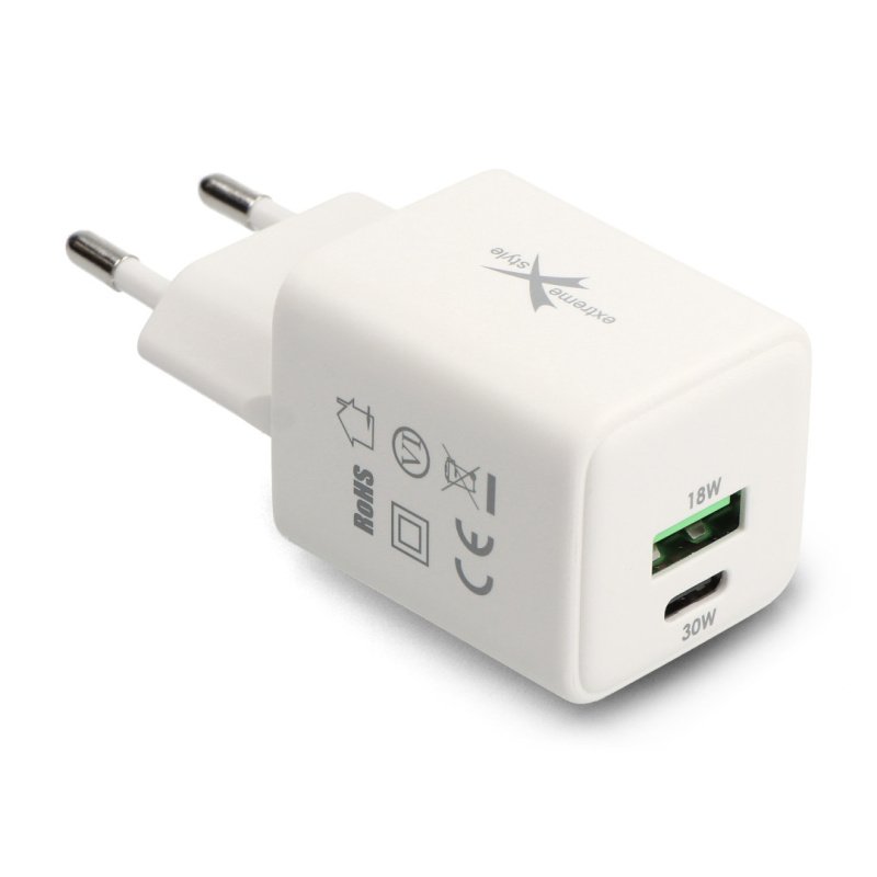 USB A USB C napájecí zdroj - 5V-20V/1,5A-3A - bílý - eXtreme