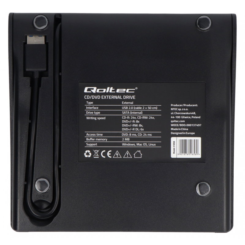 Qoltec Zewnętrzny Napęd Nagrywarka Odtwarzacz płyt CD DVD | USB