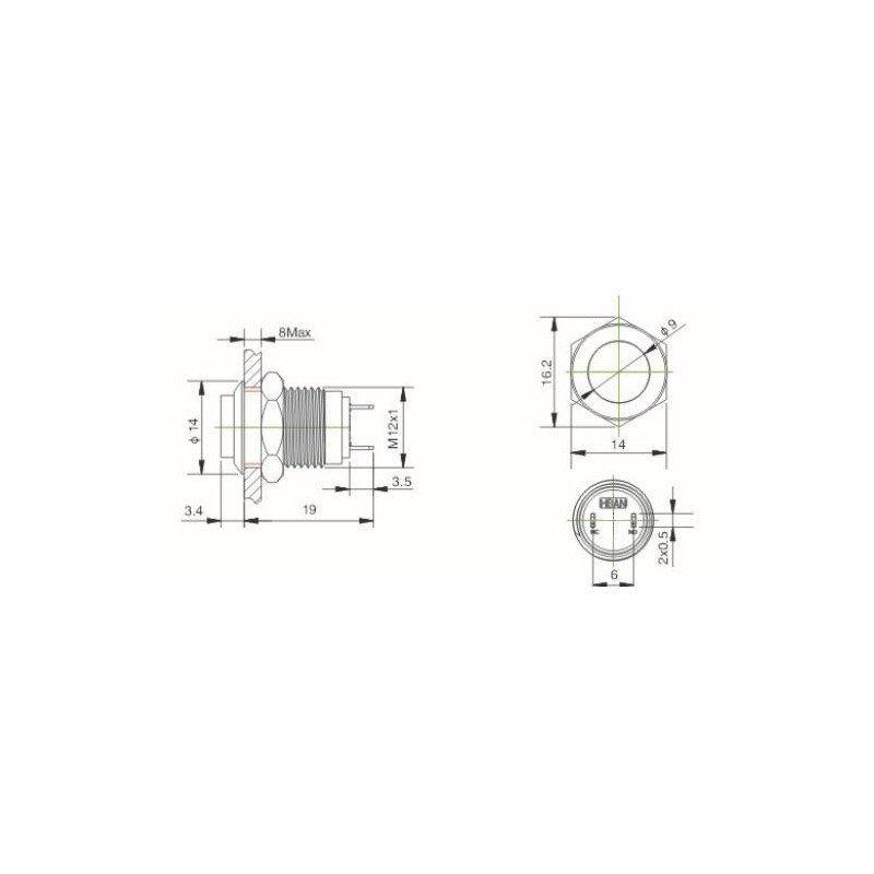 Monostabilní tlačítko - PBW-12B - 2A 250V ve stoje