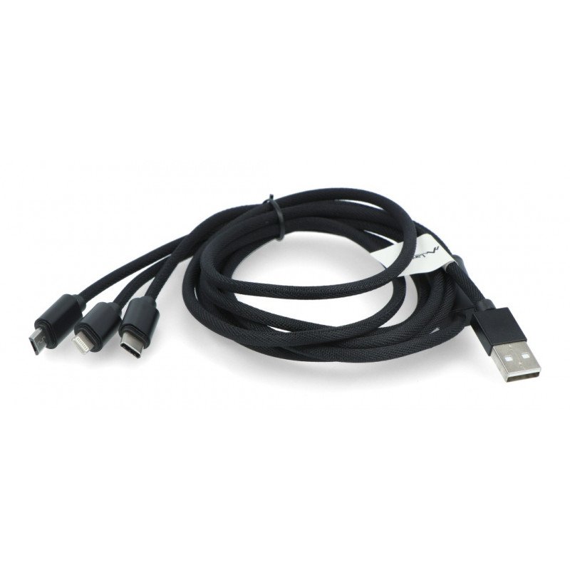 Kabel Lanberg Combo 3v1 USB typu A - microUSB + blesk + USB typu C 2.0 černý, opletení materiálu - 1,8 m