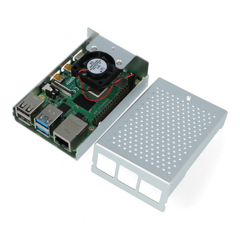 Pouzdro pro Raspberry Pi 4B - hliníkové s ventilátorem - stříbrné