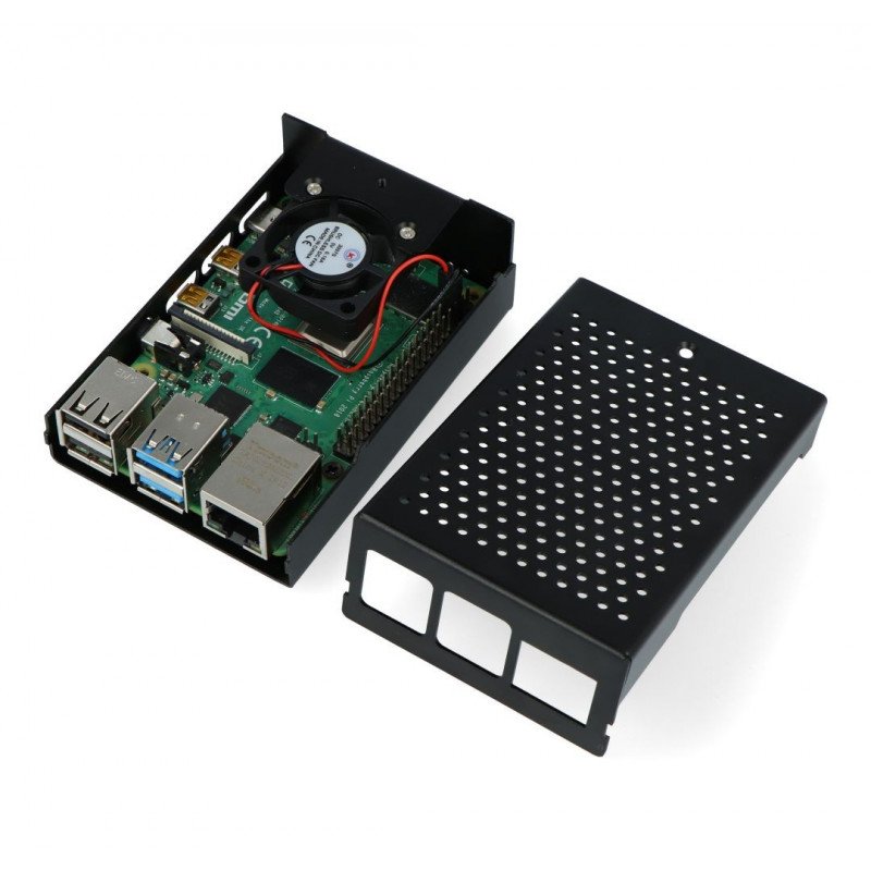 Pouzdro pro Raspberry Pi 4B - hliníkové s ventilátorem - černé