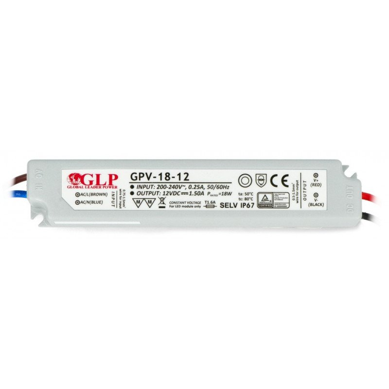 Napájecí zdroj pro LED pásky a LED pásky vodotěsné GPV-18-12 - 12V / 1,5A / 18W