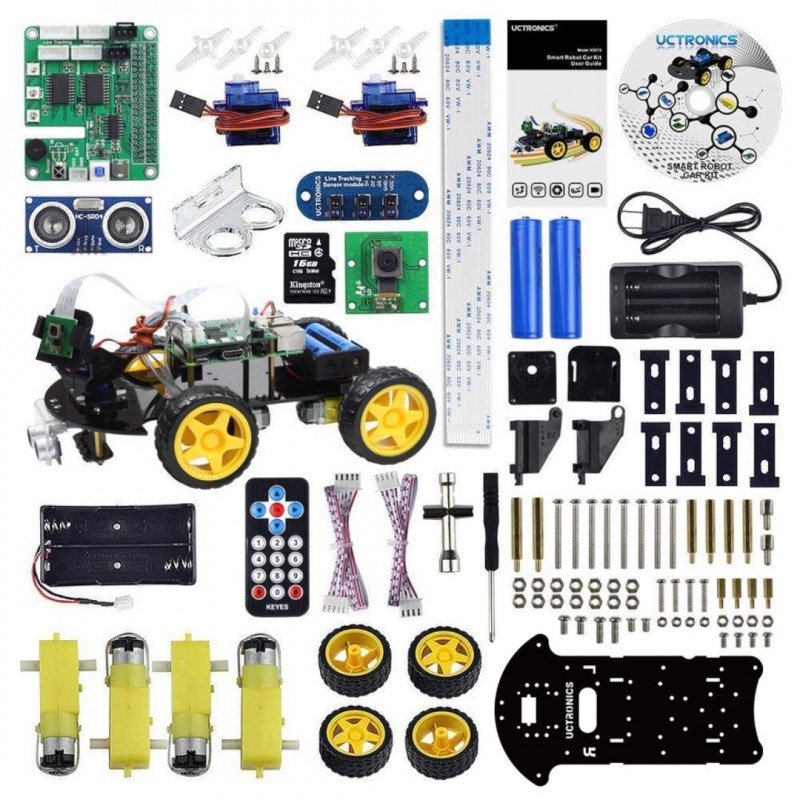 Robot Car Kit - 4kolová platforma pro stavbu robota se senzory a stejnosměrným pohonem a kamerou pro Raspberry Pi