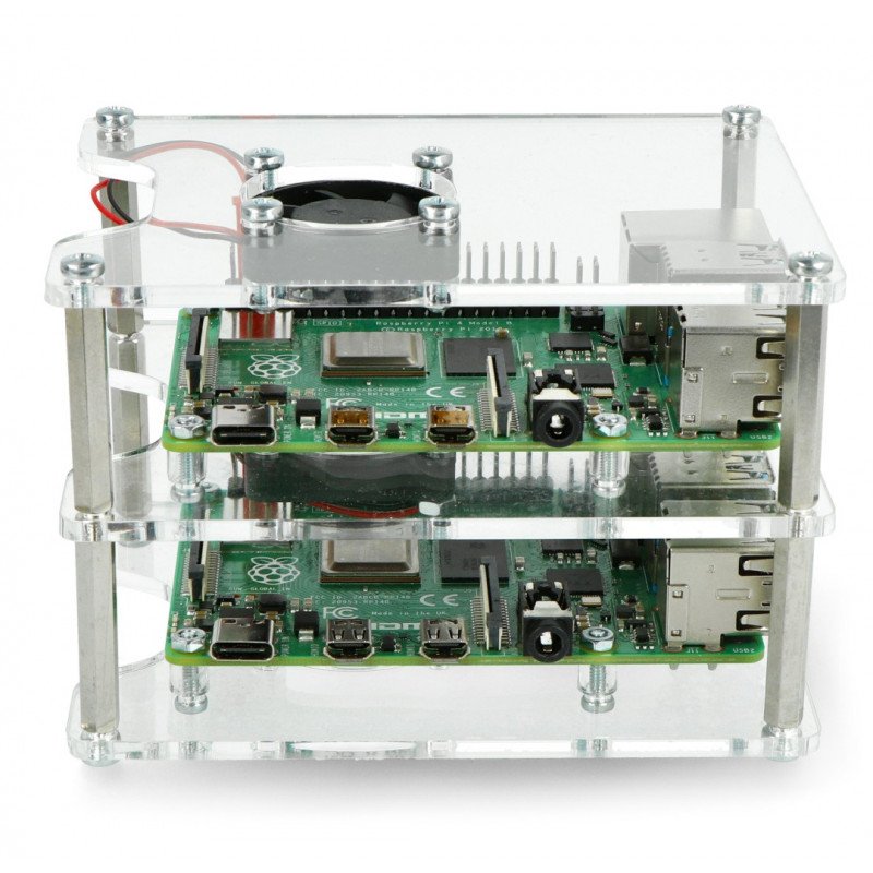 Pouzdro pro dva Raspberry Pi 4B / 3B + / 3B / 2B / Zero - se dvěma ventilátory - otevřený V2 transparentní