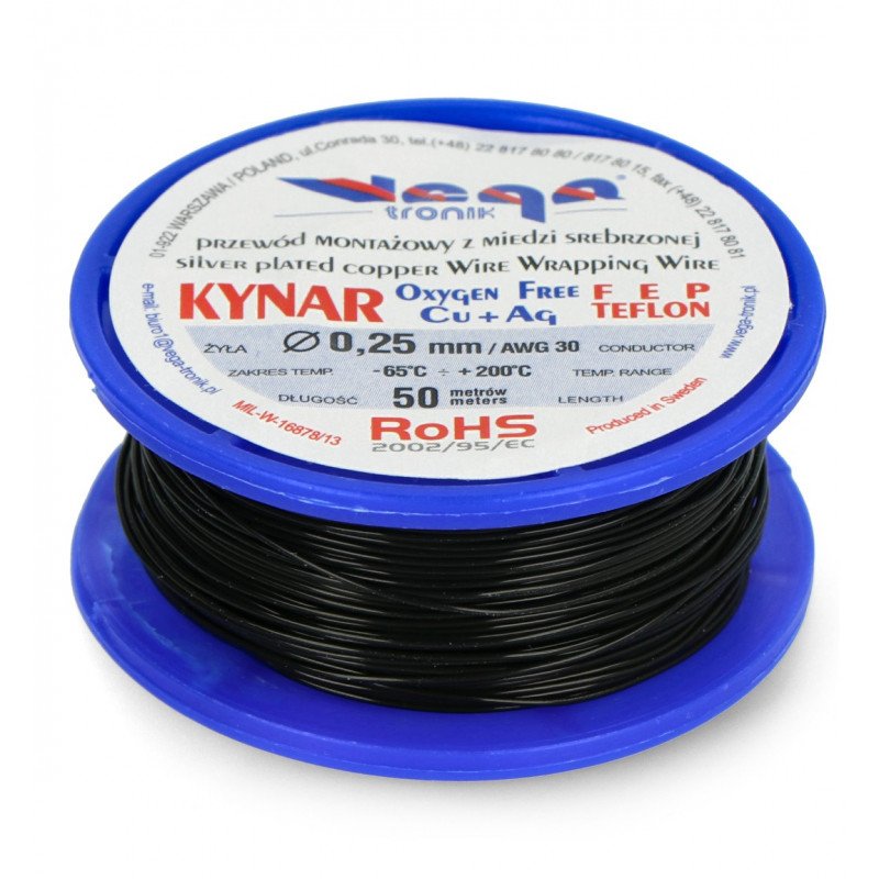 Montážní kabel KYNAR z postříbřené mědi - 0,25 mm / AWG 30 - černý - 50 m