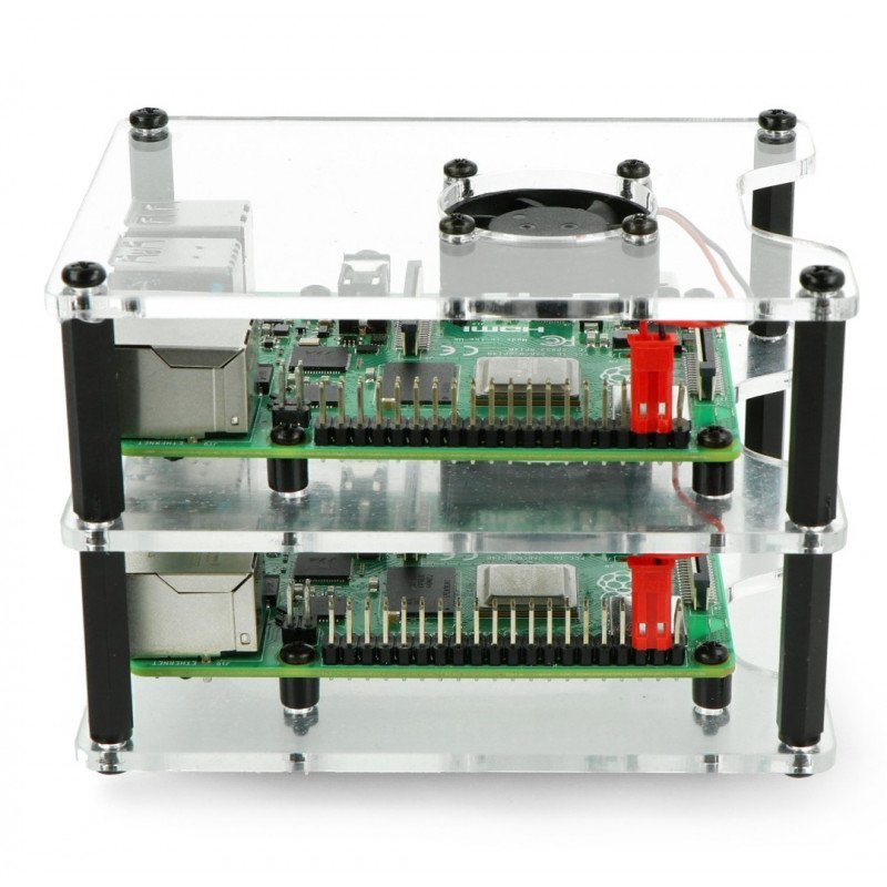 Pouzdro pro dva Raspberry Pi 4B / 3B + / 3B / 2B - se dvěma ventilátory - otevřený V2 transparentní - černé rozpěrky
