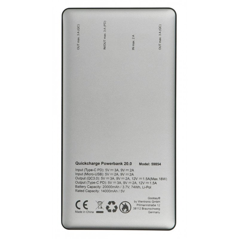 Powerbank Goobay 20.0 59854 Quick Charge 3.0 20000 mAh mobilní baterie - šedá - černá