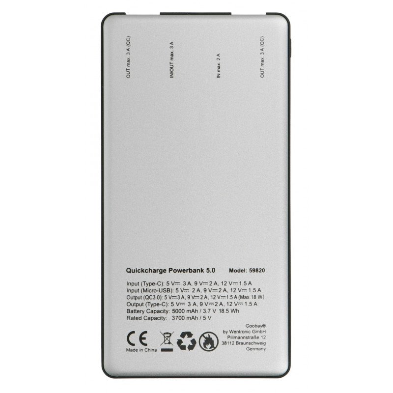 PowerBank Goobay 5.0 59820 Quick Charge 3.0 5000mAh mobilní baterie - šedá - černá