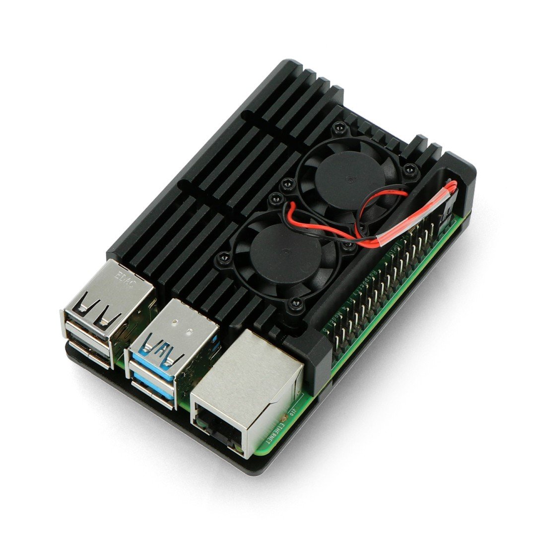 Pouzdro JustPi pro Raspberry Pi 4B - hliníkové se dvěma ventilátory - černé - LT-4B02