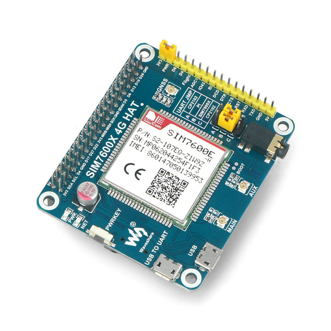 LTE GPS HAT - LTE / GPRS / GPS SIM7600E-H - štít pro Raspberry Pi 4B/3B+/3B/2B/Zero - Waveshare 14952