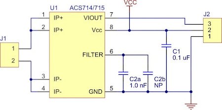 Schemat podłączenia czujnika prądu ACS714 