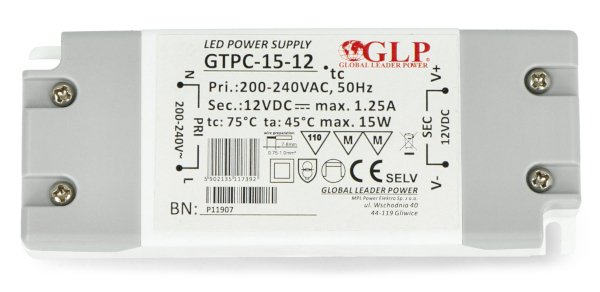 Spínaný napájecí zdroj pro LED osvětlení GLP GTPC-15-12 - 12 V / 1,25 A / 15 W.