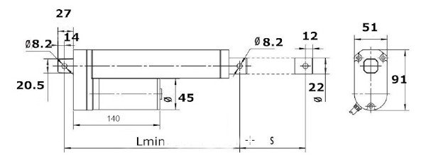Rozměry lineárního aktuátoru LA-T5P