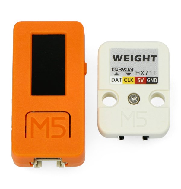 Hlavní modul M5StickC a rozšiřovací modul jednotky ve formě digitální váhy.