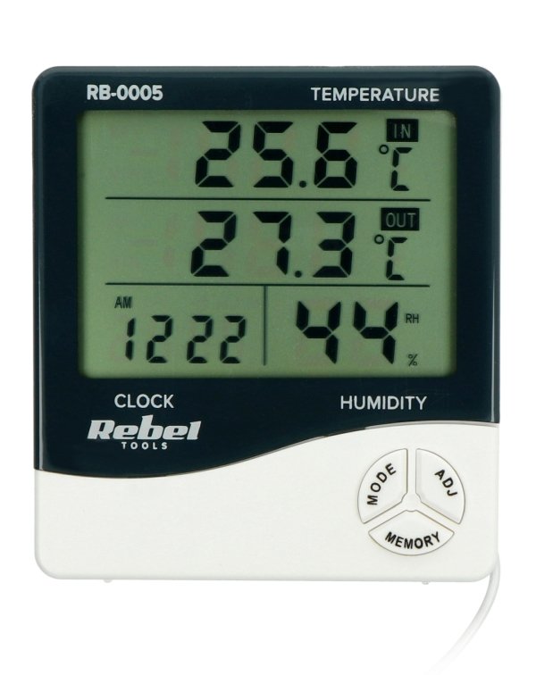 Meteorologická stanice zobrazující čas, vnitřní a venkovní teplotu a vnitřní vlhkost.