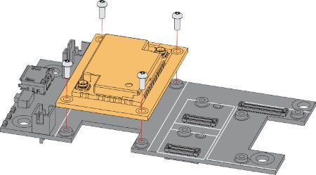 Obrázek ukazuje pokyny k instalaci vývojového modulu WisBlock LPWAN a základní desky WiskBlock.