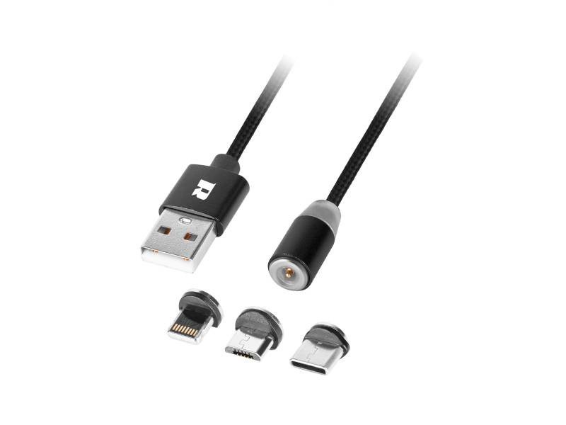 Rebel 3v1 magnetický kabel USB typu A, microUSB, USB typu C, blesk - černý, opletení materiálu - 1m