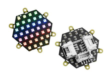Neo Hex - šestihranná deska s 37x LED RGB diodami - pohled zepředu a zezadu.