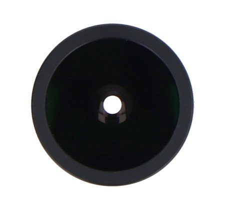 Černá čočka pro kameru Arducam leží na bílém pozadí.