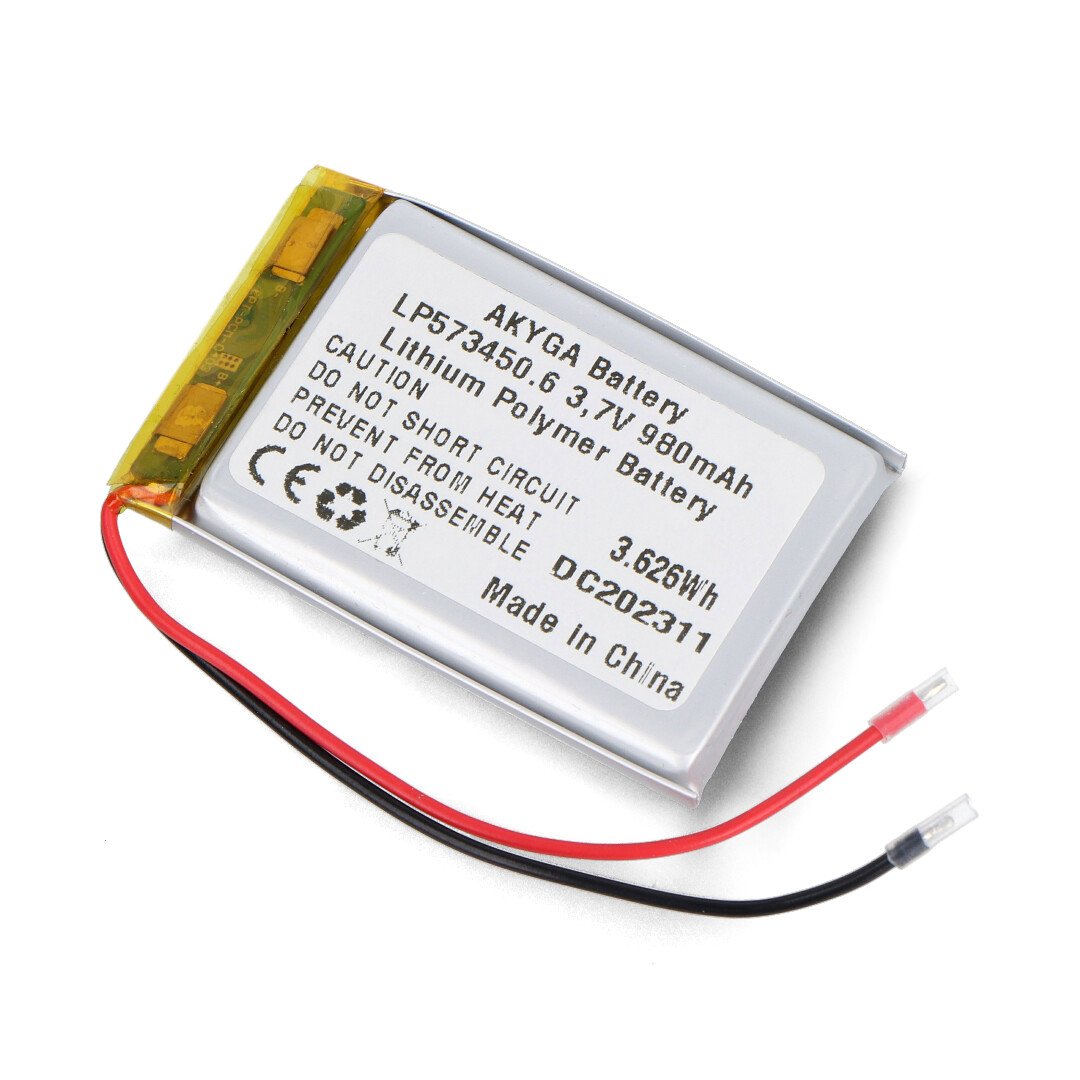 Li-Pol Akyga 980 mAh 1S 3,7 V baterie - 80 mm kabely - 50 x 34 x 5,7 mm