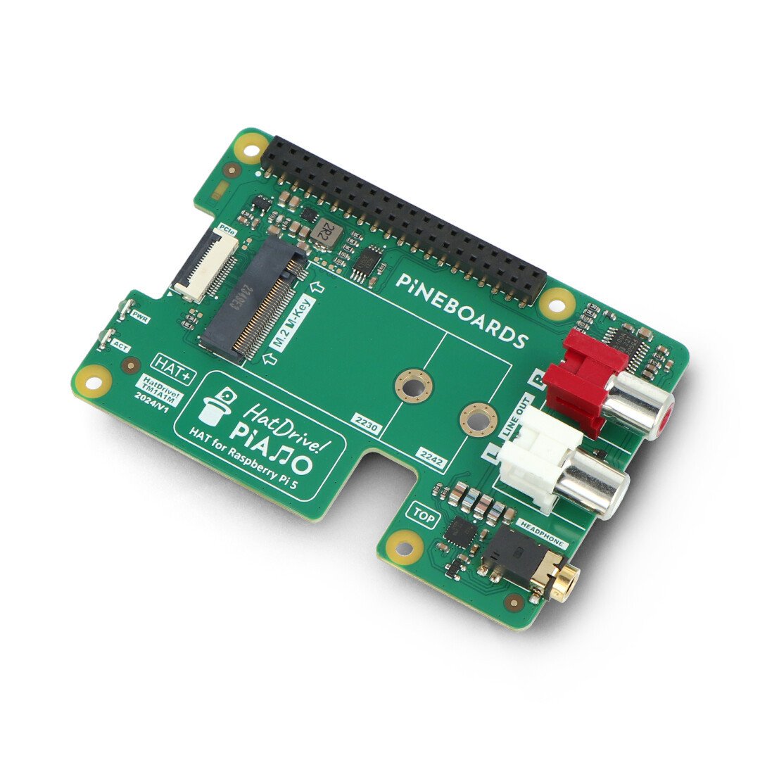 Pineboards HatDrive! Piano - NVMe 2230, 2242 + RCA + Jack 3,5 mm adaptér pro Raspberry Pi 5