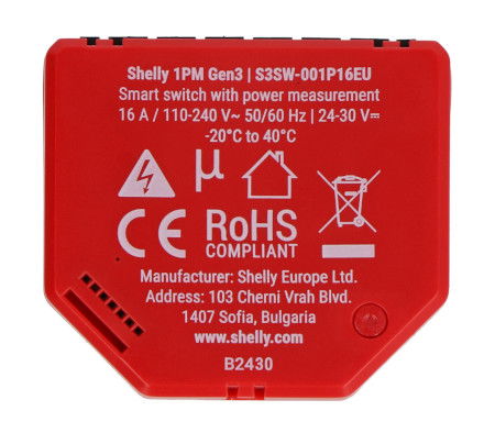 Shelly 1PM Gen3 - 1x relé AC 110 - 240 V, DC 24 - 30 V, WiFi 16 A - měření energie - Android / iOS aplikace