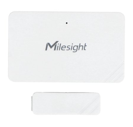 Bílý dveřní a okenní senzor Milesight leží na bílém pozadí.