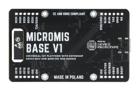 Černá vývojová deska Micromis Base V1 leží obráceně na bílém pozadí.
