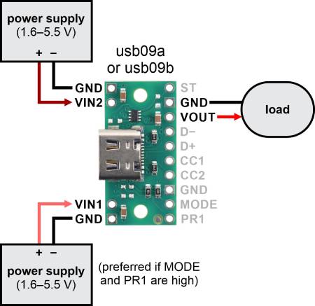 Napájecí konektor USB typu C s multiplexorem TPS2116 - usb09b - Pololu 3729